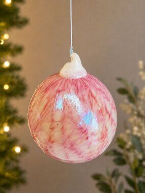 Hand Blown Art Glass Friendship Ball Witch Ball Pink White Freeform Swirl 3"